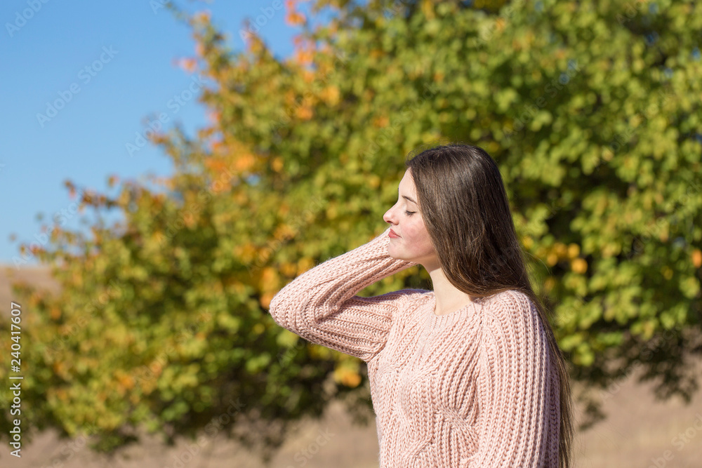 Portrait of pretty young woman in stylish knitted sweater standing on the golden autumn forest on sunny day Portrait of pretty young woman in stylish knitted sweater standing on the golden autumn forest on sunny day