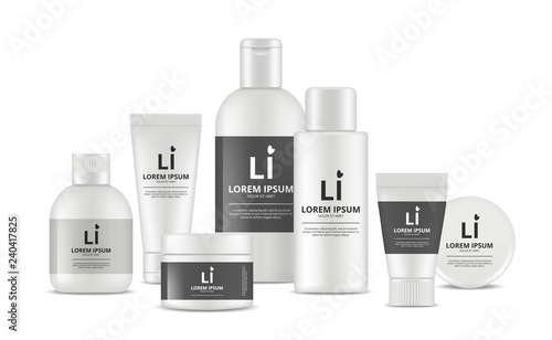 Cosmetic labels packages. Blank containers for cream beauty makeup box and tubes or bottles vector mockup realistic. Bottle plastic for makeup product, container and tube, cream and lotion