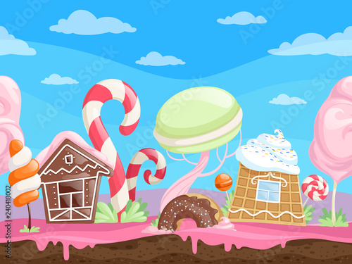 Game seamless sweet landscape. Fantasy delicious background desserts candy sugar caramel chocolate biscuits lollipop vector cartoon. Illustration of sweet world gui, house building and maracon candy