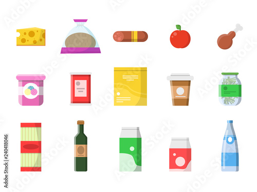 Food market. Grocery basket with products sausage milk fruit wine macaroni cheese vector flat pictures isolated. Food market, milk and meat, sausage and bread illustration