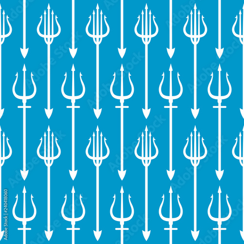 Trident, white outline on blue background. seamless pattern. vector