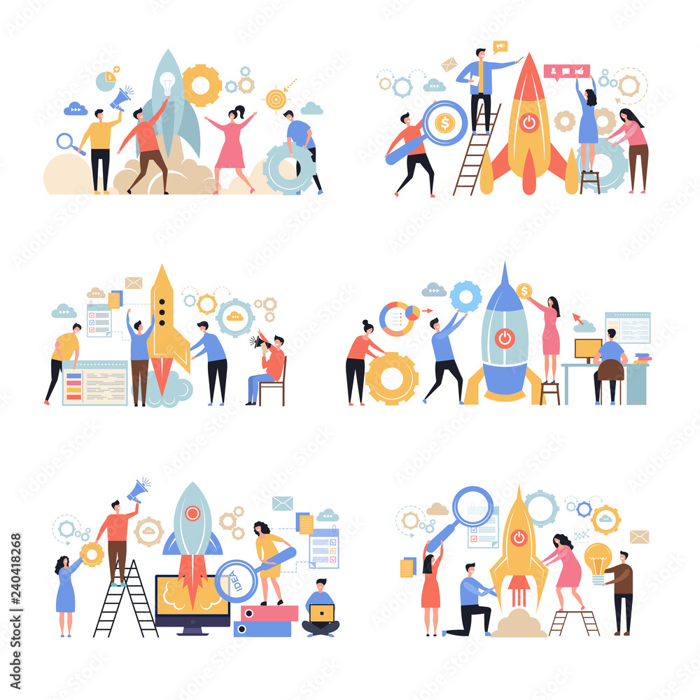 Launch business startup. Rocket successful company new working idea business metaphor office characters people managers vector scene. Start launch rocket, company startup project illustration