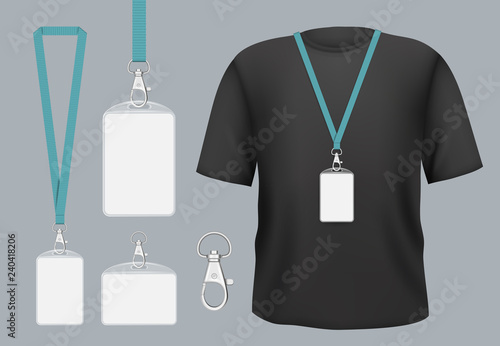 Badges mockup. Presentation tag access business badges with personal name or id vector template. Pass tag badge on lanyard, identity corporate and authentication registration member illustration