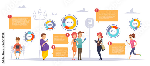 People gadgets infographic. Male female persons chatting smartphone tablets laptop virtual dating socialization problem vector concept. Smartphone using infographics information statistic illustration