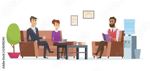 Business waiting room. People at office lobby modern interior sitting tea break reception vector characters. Illustration of people sitting in reception room, man and woman in lobby