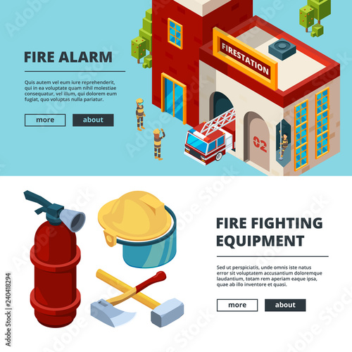 Firefighters banners. Proffesional items fire station wildfire flame uniform rescue man extinguisher vector isometric pictures cards. Illustration of firefighter emergency, fire department