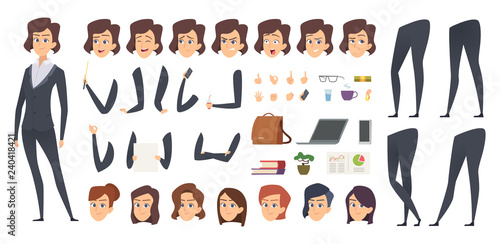 Business woman animation. Creation kit female manager body parts and office tools vector character constructor. Businesswoman and lady business face and pose illustration
