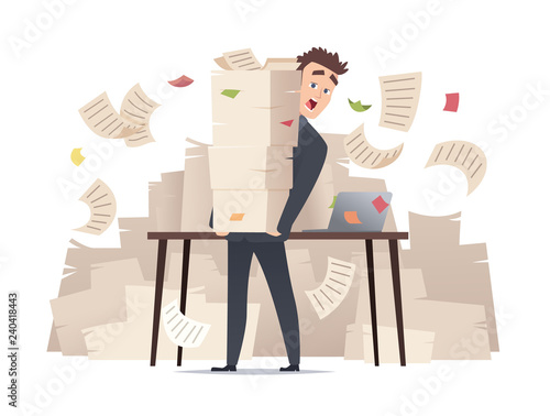 Workload businessman. Overwork office manager director sitting at table over much papers documents bureaucracy vector cartoon concept. Illustration of businessman workload and stress