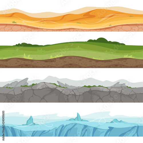 Seamless grounded surface. Parallax desert sand grass water ground vector environment for 2d cartoon games. Illustration of different place game, desert and rock, ice and green meadow