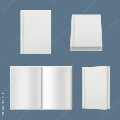 Books mockup. Clean white pages of magazines and books cover brochure surface vector realistic illustration. Book magazine and brochure, mockup hardcover notebook