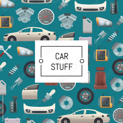 Vector set of car parts background illustration. Auto service repair, car stuff