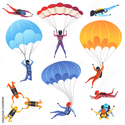 Extreme parachute sport. Adrenaline characters jumping paragliding and skydiving fly aerodynamics vector picture isolated. Skydiver jumping, parachuting sport, paragliding illustration