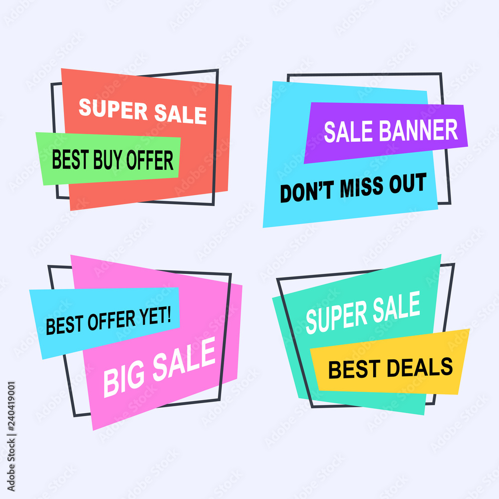 Sale banner collection, discount tag, special offer. Website stickers on a geometry memphis colorful abstract background, web design. Vector illustration.