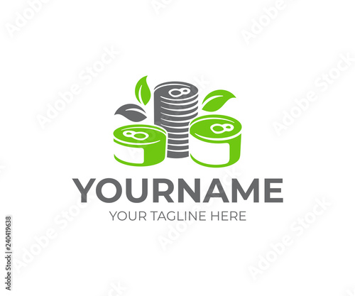 Canned food, cans and leaves, logo design. Food, meal, eating, organic and natural, vector design and illustration