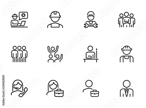 Labor icons. Set of line icons on white background. Technician, consultant, call center. Job concept. Vector illustration can be used for topic like business, professional occupation, employment