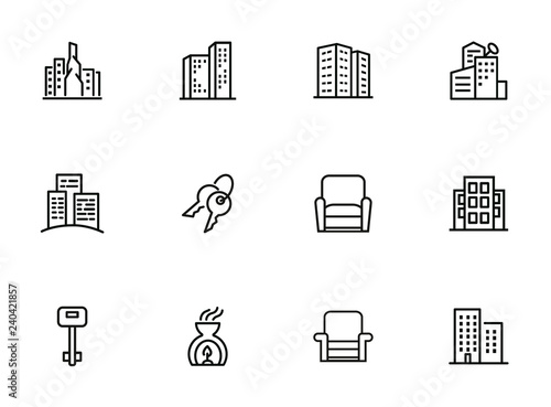 Residential building icons. Set of line icons. Key, residential district, cityscape. Housing development. Vector illustration can be used for topics like mortgage, rent, construction