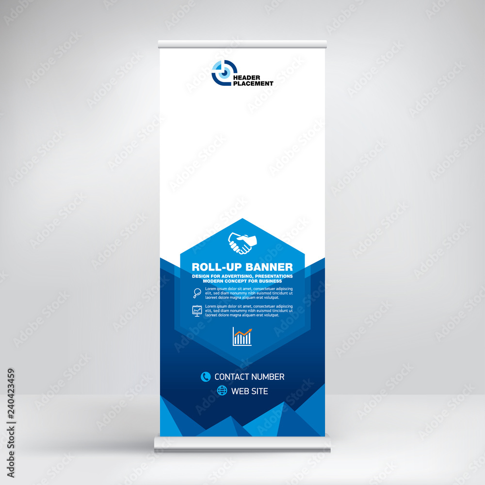 Roll-up, advertising banner template, stand for presentations, exhibitions, promotional products, conferences, seminars, photo placement, text, geometric blue background Roll-up, advertising banner template, stand for presentations, exhibitions, promotional products, conferences, seminars, photo placement, text, geometric blue background