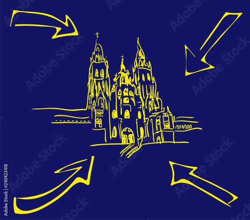 Cathedral Santiago de Compostela with yellow arrows