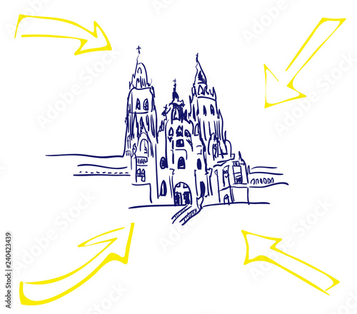 Cathedral Santiago de Compostela with yellow arrows