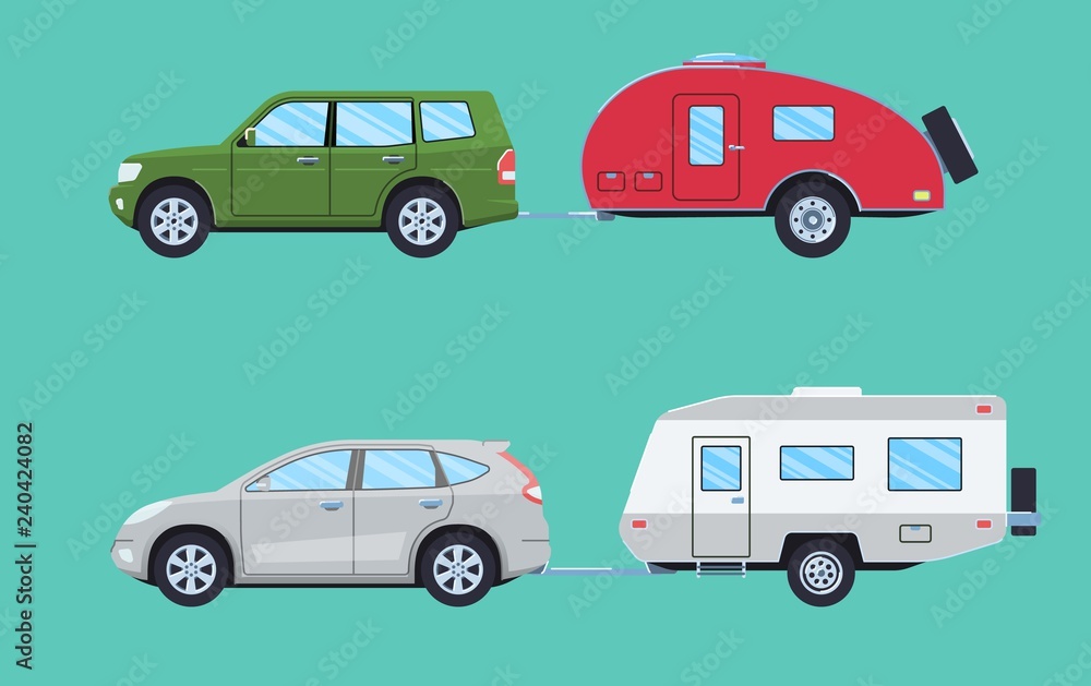 Suv with camper trailer. Offroad car with camper. Vehicle for road travelling. Flat style. Vector illustration.