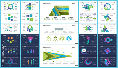Informational chart design set for business presentation concept. Can be used for workflow layout, annual report, web design. Process chart, option chart, flowchart, comparison graph, bar graph