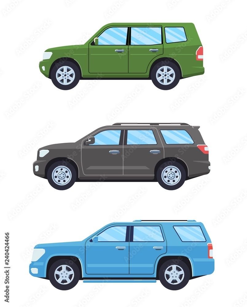 Set of personal cars. Set of off-road automobiles in flat style. Offroad suv. Side view. Vector illustration.