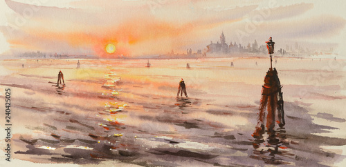 Panorama of venice laguna at sunset. Picture created with watercolors. photo
