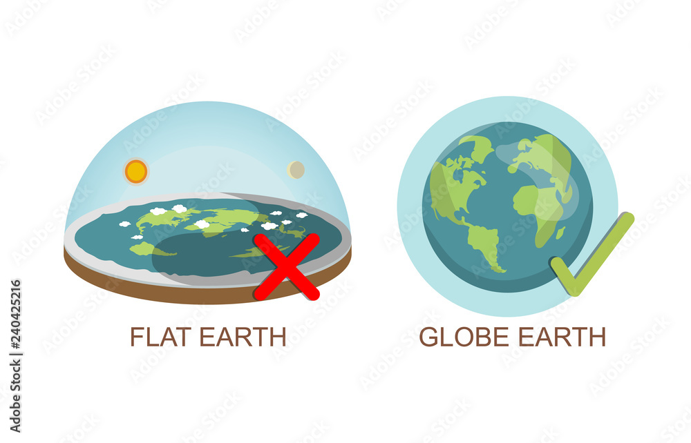 Theory of flat earth. Earth vs spherical earth. Vector illustration. isolated on white background. true, lie Checkbox. check mark.