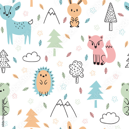 Seamless childish pattern with cute hand drawn forest animals. Design texture for fabric, wrapping, textile, decor. Forest background in cartoon style