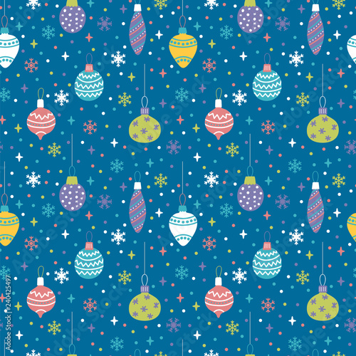 Seamless pattern with Christmas toys, balls and bubbles. Cute background with colorful design elements. Happy New Year. Winter holidays
