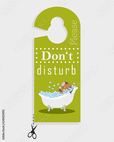 Door hanger "Please don't disturb" with dog in bathtub
