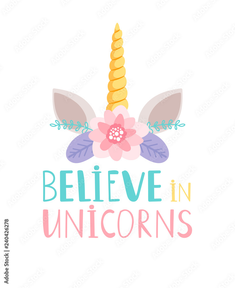 Fototapeta Unicorn horn and flowers decoration poster with lettering.Vector illustration