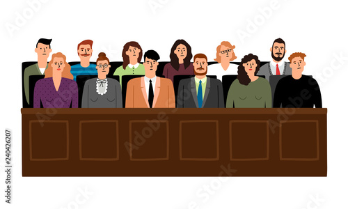 Jury in court trial vector illustration. People in judging process, sittingin jury box, isolated on white background photo