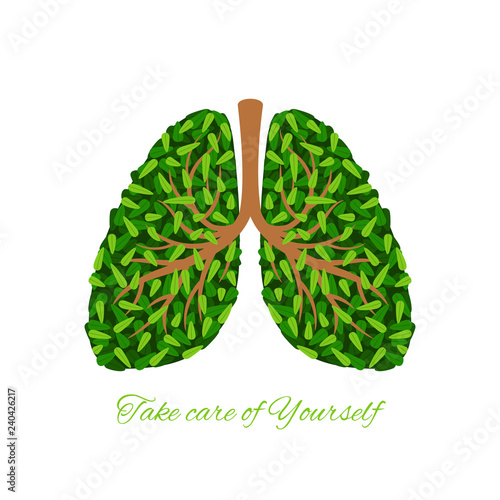 Green lungs, tree branches and leaves human lungs vector icon on white background