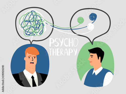Psychotherapy concept illustration with male doctor and parient avatars, vector illustration