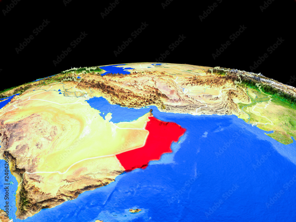 Oman on model of planet Earth with country borders and very detailed planet surface.
