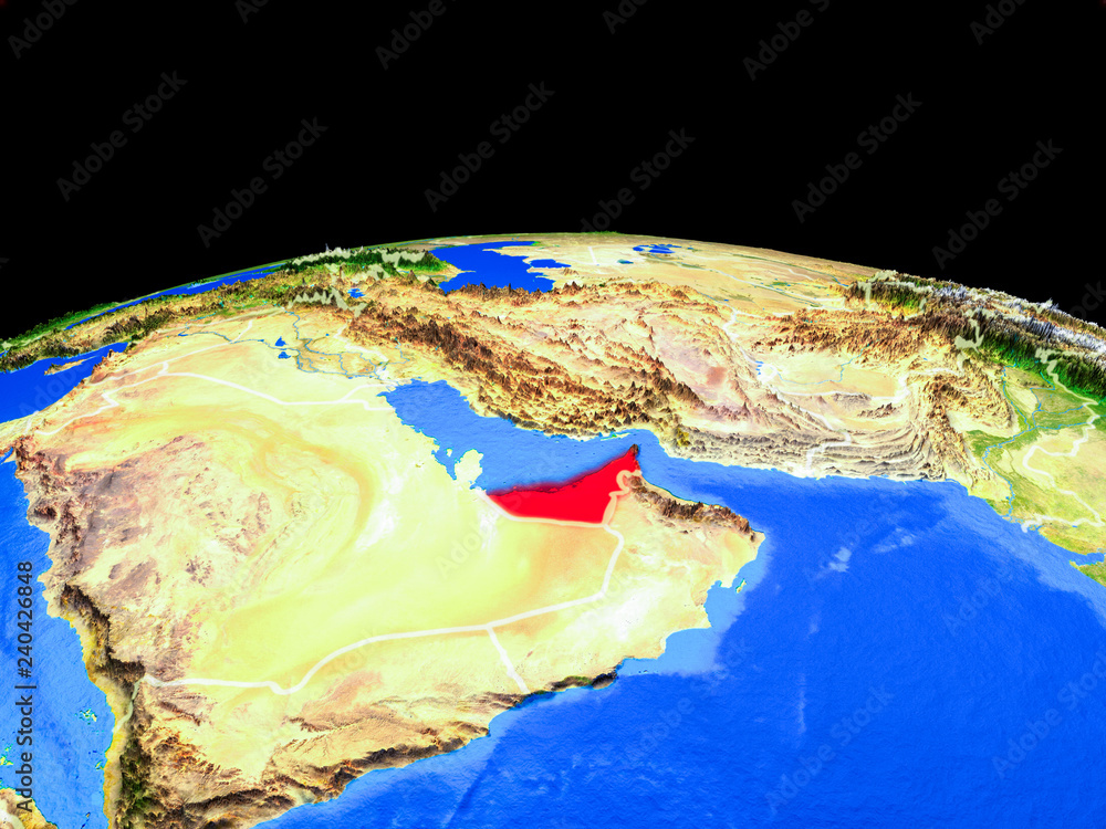 United Arab Emirates on model of planet Earth with country borders and very detailed planet surface.