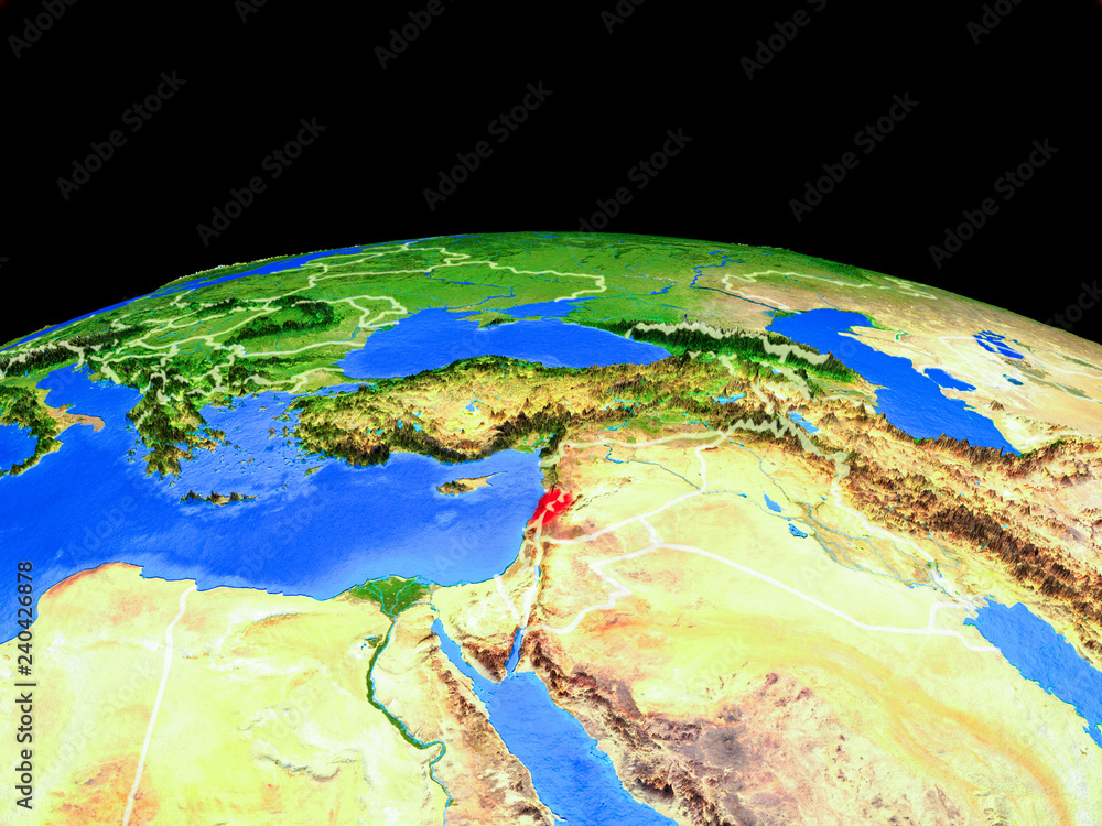 Lebanon on model of planet Earth with country borders and very detailed planet surface.
