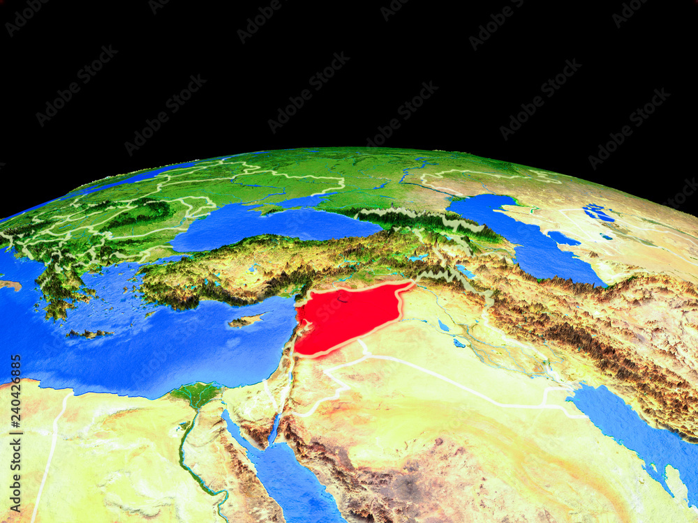 Syria on model of planet Earth with country borders and very detailed planet surface.