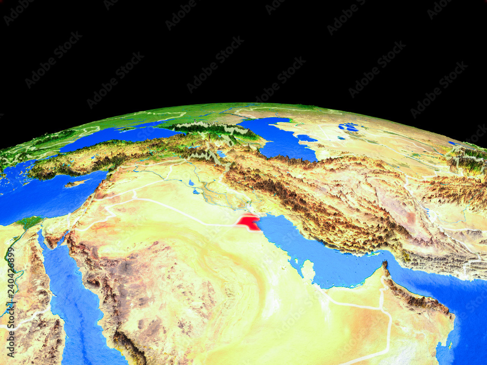 Kuwait on model of planet Earth with country borders and very detailed planet surface.