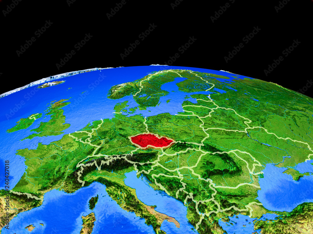 Czech republic on model of planet Earth with country borders and very detailed planet surface.