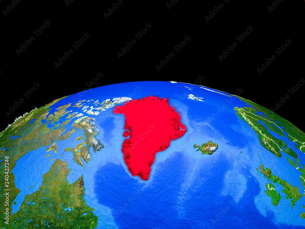 Greenland on model of planet Earth with country borders and very detailed planet surface.