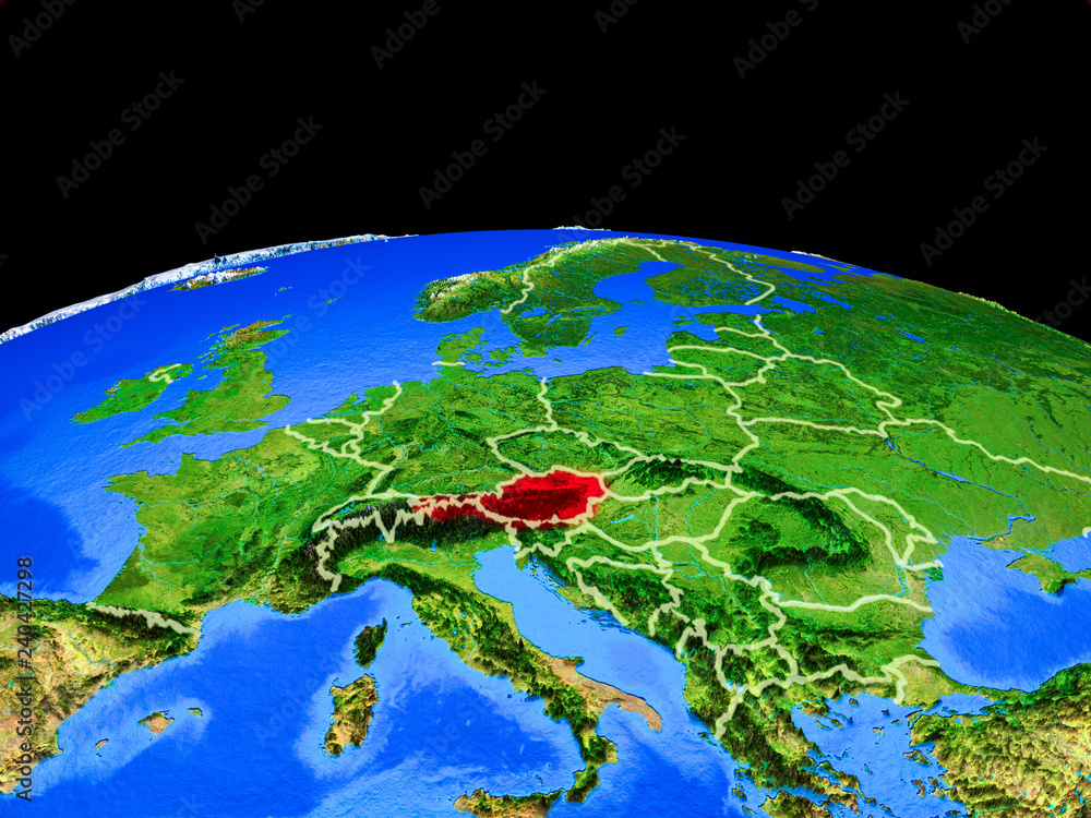 Austria on model of planet Earth with country borders and very detailed planet surface.