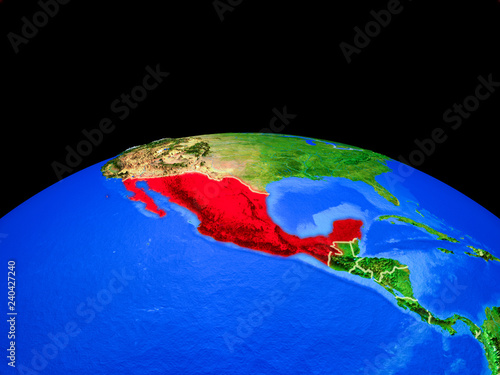 Mexico on model of planet Earth with country borders and very detailed planet surface.