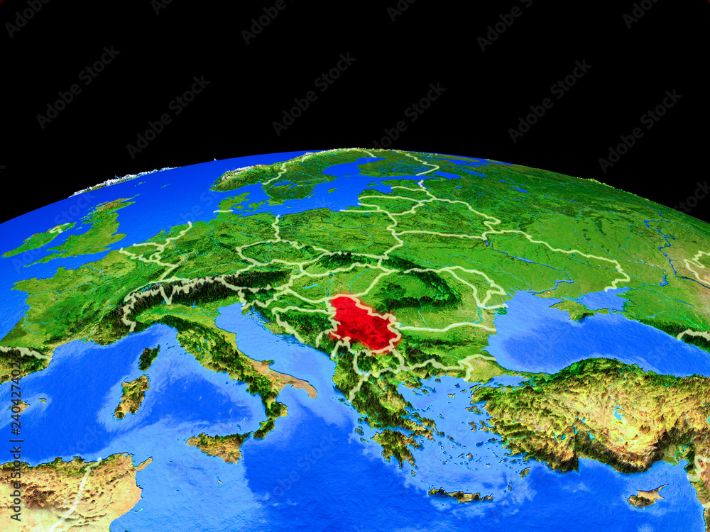 Serbia on model of planet Earth with country borders and very detailed planet surface.