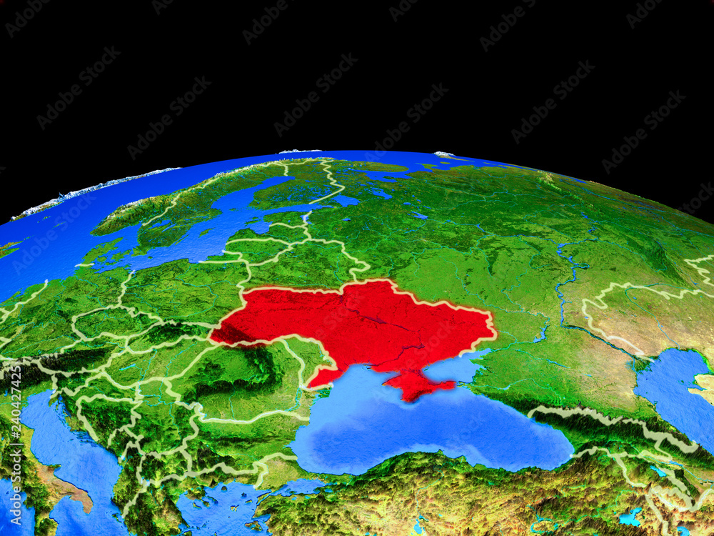 Ukraine on model of planet Earth with country borders and very detailed planet surface.