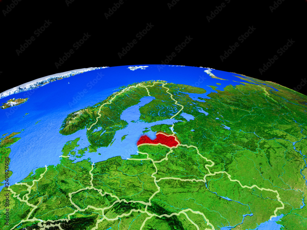 Latvia on model of planet Earth with country borders and very detailed planet surface.