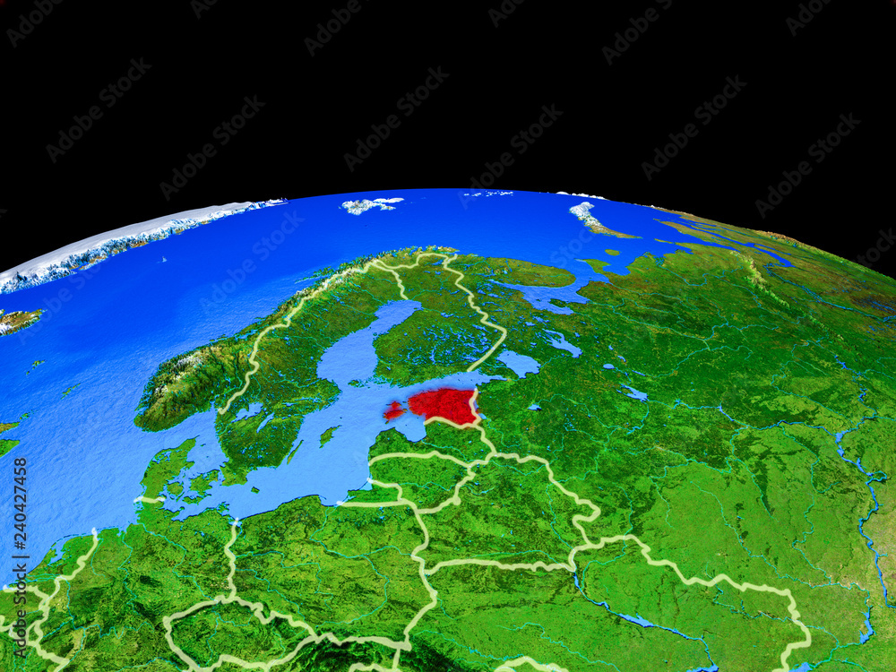 Estonia on model of planet Earth with country borders and very detailed planet surface.