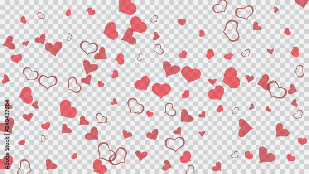 Happy background. Red hearts of confetti are flying. Red on Transparent background Vector. Part of the design of wallpaper, textiles, packaging, printing, holiday invitation for wedding.