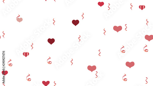 Flying Red confetti. Vector Seamless Pattern on a White Background. The idea of packaging, textiles, wallpaper, banner, printing. Happy Pattern of Hearts and Serpentine.